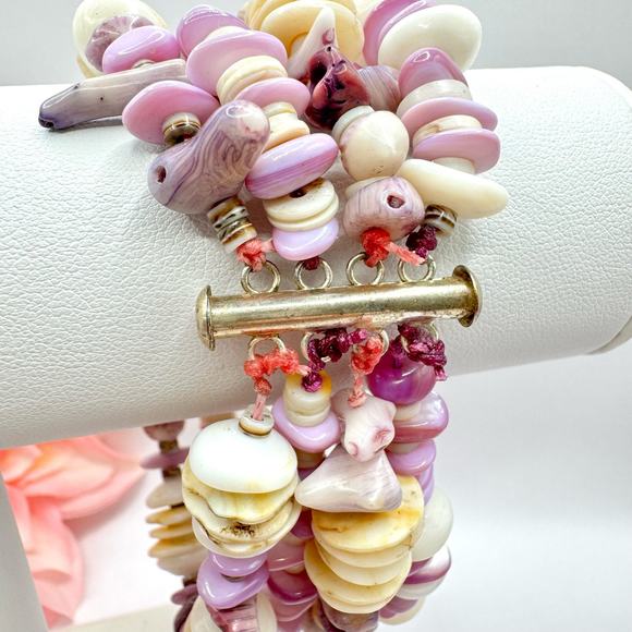 Wampum Quahog Heishi Four Strand Bracelet Slide Lock Clasp Beachy Coastal Shell - Picture 5 of 16